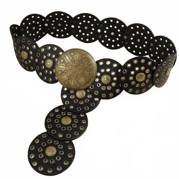 NEW FAME ACCESSORIES women's western disc belt with antique gold conchos in blac - Picture 1 of 2